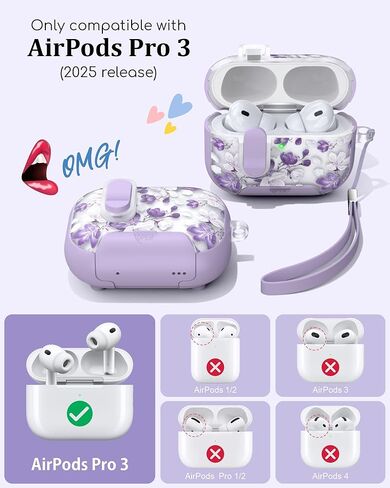 TATOFY for AirPod Pro 3 Case (2025) with Phone Stand Lanyard Lock Cleaning Kit, Compatible with Magsafe, Flowers Hard AirPods Pro 3rd Generation Cover for Women (Purple, AirPods Pro 3) in Saudi Arabia