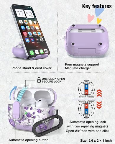 TATOFY for AirPod Pro 3 Case (2025) with Phone Stand Lanyard Lock Cleaning Kit, Compatible with Magsafe, Flowers Hard AirPods Pro 3rd Generation Cover for Women (Purple, AirPods Pro 3) in Saudi Arabia