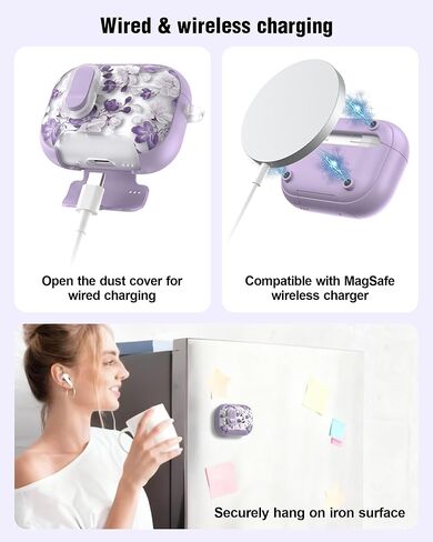 TATOFY for AirPod Pro 3 Case (2025) with Phone Stand Lanyard Lock Cleaning Kit, Compatible with Magsafe, Flowers Hard AirPods Pro 3rd Generation Cover for Women (Purple, AirPods Pro 3) in Saudi Arabia