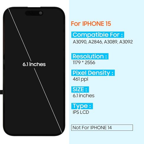 Screen Replacement for iPhone 15 LCD, Display for iPhone15 A2846 A3089 A3092 A3090 Screen Touch Assembly Replacement with Repair Kits(Black,6.1 inch) in Saudi Arabia