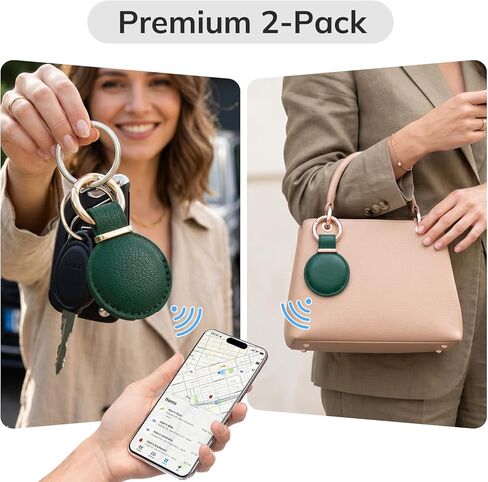 2 Pack Genuine Leather AirTag Holder Keychain - Compatible with AirTag 1st & 2nd Generation, Secure Fit Air Tag Case for Keys Bags Luggage, Minimalist for Apple AirTag Accessories(Green) in Saudi Arabia