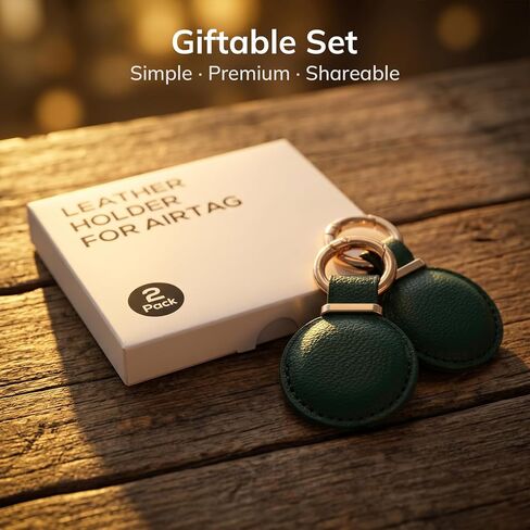 2 Pack Genuine Leather AirTag Holder Keychain - Compatible with AirTag 1st & 2nd Generation, Secure Fit Air Tag Case for Keys Bags Luggage, Minimalist for Apple AirTag Accessories(Green) in Saudi Arabia