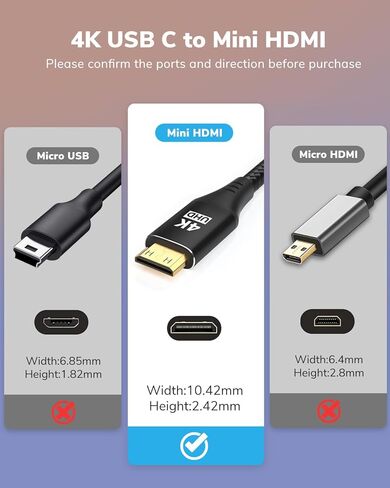 USB C to Mini HDMI Cable 2FT, High Speed 4K Cord 4K@60/2K@120Hz/1080P Nylon Type C to Mini HDMI Uni-Directional Cord for, Portable Monitor, Steam Deck, ROG Ally, Laptop, Mac, iPad Pro, iPhone 17 in Saudi Arabia