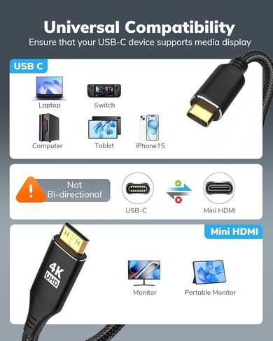 USB C to Mini HDMI Cable 2FT, High Speed 4K Cord 4K@60/2K@120Hz/1080P Nylon Type C to Mini HDMI Uni-Directional Cord for, Portable Monitor, Steam Deck, ROG Ally, Laptop, Mac, iPad Pro, iPhone 17 in Saudi Arabia