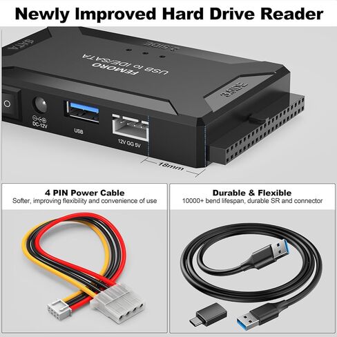 Hard Drive Reader USB 3.0 and Type C to SATA IDE Adapter, External Data Recovery Converter Kit for 2.5"/3.5" HDD SSD Internal Hard Disk Blu-ray Drive with 12V/2A Power Supply in Saudi Arabia