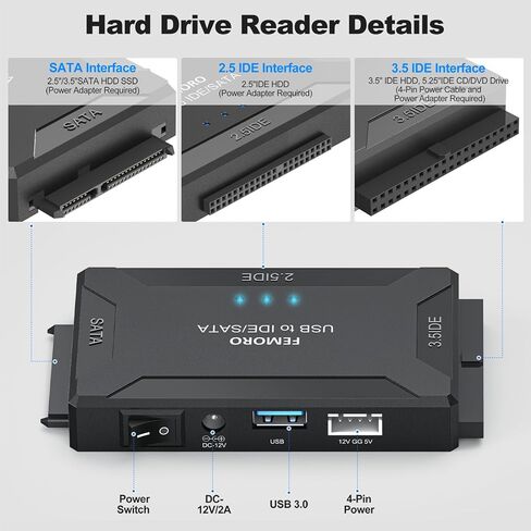 Hard Drive Reader USB 3.0 and Type C to SATA IDE Adapter, External Data Recovery Converter Kit for 2.5"/3.5" HDD SSD Internal Hard Disk Blu-ray Drive with 12V/2A Power Supply in Saudi Arabia