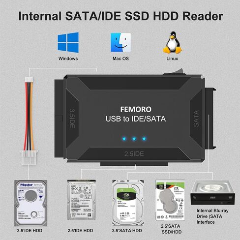 Hard Drive Reader USB 3.0 and Type C to SATA IDE Adapter, External Data Recovery Converter Kit for 2.5"/3.5" HDD SSD Internal Hard Disk Blu-ray Drive with 12V/2A Power Supply in Saudi Arabia