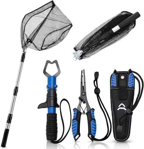RoundFunny 3 Pcs Fishing Tool Kit, Fishing Landing Net with Telescoping Pole Handle, Fish Plier with Sheath, Fish Lip Gripper for Freshwater Extend to 30-56 Inches, Gear Gifts for Men Women in Saudi Arabia