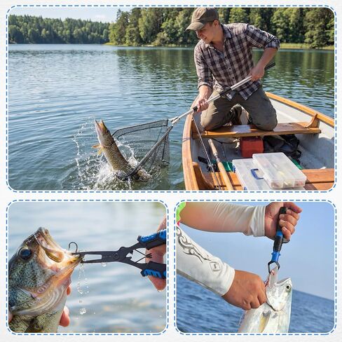 RoundFunny 3 Pcs Fishing Tool Kit, Fishing Landing Net with Telescoping Pole Handle, Fish Plier with Sheath, Fish Lip Gripper for Freshwater Extend to 30-56 Inches, Gear Gifts for Men Women in Saudi Arabia