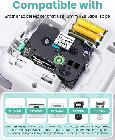 شريط ملصقات TZe-S231 متوافق مع Brother P Touch 12 مم 0.47 بوصة أسود على أبيض شريط لاصق مصفح بقوة إضافية لصانع الملصقات PT-D210 D220 PTH110 D600، 5 عبوات in Saudi Arabia