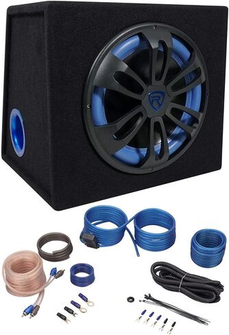 Rockville RVB12.1A Bundle: 12 in 500-Watt Peak / 300-Watt RMS Active Powered Car Subwoofer Enclosure, RWK10 10-Gauge Amplifier Wiring Installation Kit, 2-Items in Saudi Arabia