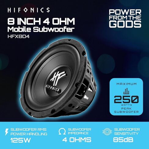 مضخم صوت دائري Hifonics HFX8D4 مقاس 8 بوصات، مكبر صوت فردي 250 وات بحد أقصى 125 وات RMS للسيارات والمركبات، 4 أوم، مقياس ثقيل ومطلي بالمسحوق، أسود in Kuwait