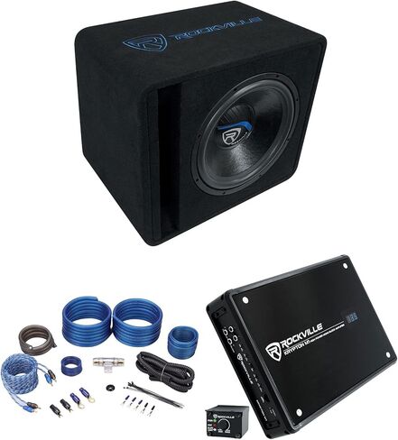 Rockville VS15K51 Bundle: 15 in 2000-Watt Car Subwoofer in Vented Enclosure 1-Ohm, Krypton-M1 2000-Watt Mono Car Amplifier with Wired Level Control, RWK41 4-Gauge Complete Amp Wiring Kit, 3-Items in Saudi Arabia