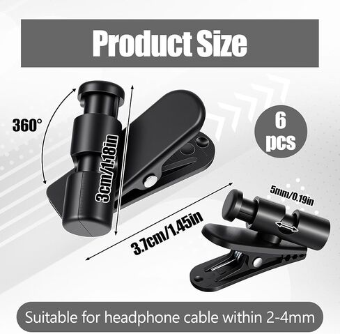 6 Pack Headphone Wire Clips, Rotatable Wire Clips Cable Cord Clamp Hooks Collar Clothing Clip Earphone Winder Earbud Cable Clip Clamp Hooks to Keep Microphone Cord for 2-4mmDiameter Round in Saudi Arabia