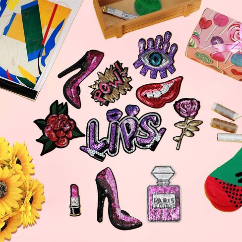 10 Pieces Purple Sequin Iron-on Patches DIY Embroidered Patches Sew On Sequins Applique Glitter Sequin Lips Lipstick Patch Clothing Repair Patch for Woman Girl Garment Bag Shoes Caps Decor in Saudi Arabia