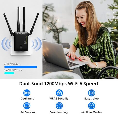 WAVLINK AC1200 WiFi Extender with 4 High Gain Antennas, Dual Band 5GHz/2.4GHz WiFi Extender Signal Booster for Home, Supports Access Point/Repeater/Router Modes in Saudi Arabia