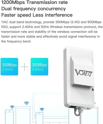 VONETS VAP11AC 2.4GHz+5GHz Dual Band AC1200 Wireless Bridge Repeater Mini Router WiFi to RJ45 Ethernet Adapter WiFi Hotspot Signal Extender with Smart Cooling Fan, 12V/1A Power Supply Included in Saudi Arabia