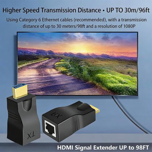 مكرر HDMI إلى محول شبكة إيثرنت RJ45، محول موسع HDMI فوق Cat5e/6 (قطعتين)، 4K HD 1080p يمكن أن يمتد حتى 98.5 قدم، للتلفزيون عالي الوضوح، وصناديق الاستقبال، DVD، PS4، STB، (أسود) in Kuwait