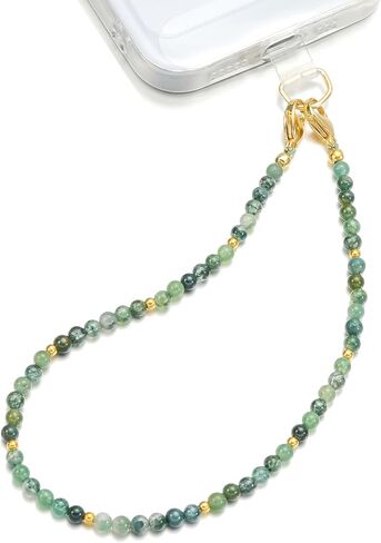 Moss Agate Beads Phone Charm Wrist Strap, Beaded Natural Stones Lanyard Wristlet Chain, Elegant & Hands-Free Bracelet Strap for iPhone & More Cell Phone Cases in Saudi Arabia