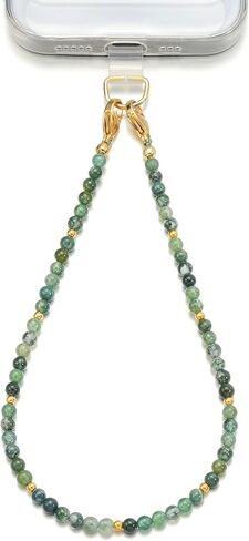 Moss Agate Beads Phone Charm Wrist Strap, Beaded Natural Stones Lanyard Wristlet Chain, Elegant & Hands-Free Bracelet Strap for iPhone & More Cell Phone Cases in Saudi Arabia