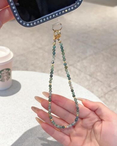 Moss Agate Beads Phone Charm Wrist Strap, Beaded Natural Stones Lanyard Wristlet Chain, Elegant & Hands-Free Bracelet Strap for iPhone & More Cell Phone Cases in Saudi Arabia