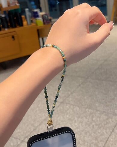 Moss Agate Beads Phone Charm Wrist Strap, Beaded Natural Stones Lanyard Wristlet Chain, Elegant & Hands-Free Bracelet Strap for iPhone & More Cell Phone Cases in Saudi Arabia