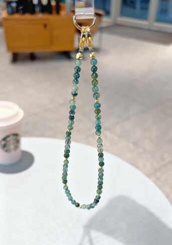 Moss Agate Beads Phone Charm Wrist Strap, Beaded Natural Stones Lanyard Wristlet Chain, Elegant & Hands-Free Bracelet Strap for iPhone & More Cell Phone Cases in Saudi Arabia