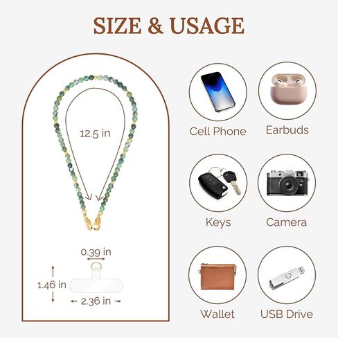 Moss Agate Beads Phone Charm Wrist Strap, Beaded Natural Stones Lanyard Wristlet Chain, Elegant & Hands-Free Bracelet Strap for iPhone & More Cell Phone Cases in Saudi Arabia