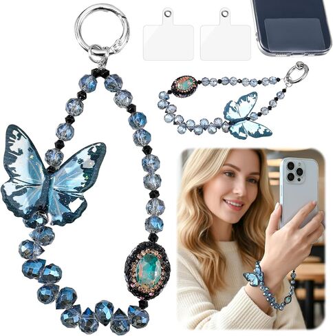 Blue Butterfly Design Phone Charm with 2 Tether Tabs, Cute Keychain Lanyard Pendant Phone Wrist Strap, Hands-Free Detachable Chain Wristlet for Backpack Case Decor in Saudi Arabia