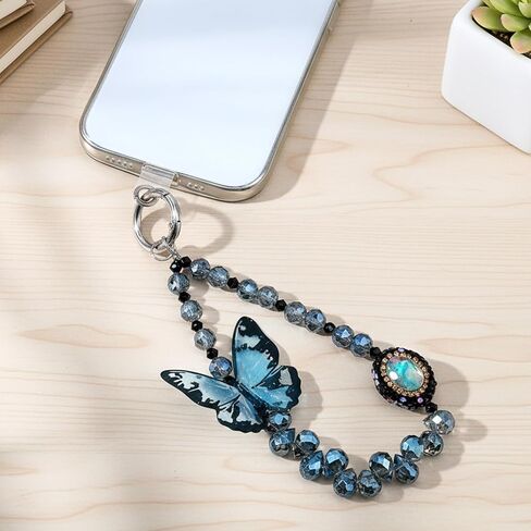 Blue Butterfly Design Phone Charm with 2 Tether Tabs, Cute Keychain Lanyard Pendant Phone Wrist Strap, Hands-Free Detachable Chain Wristlet for Backpack Case Decor in Saudi Arabia