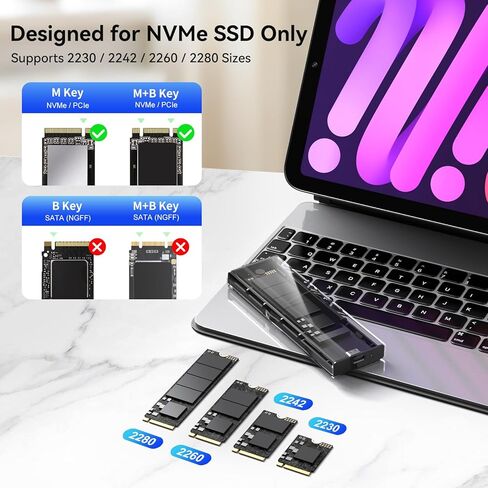 حاوية M.2 NVMe SSD، حافظة SSD خارجية USB 3.2 Gen2 بسرعة 10 جيجابت في الثانية، محول NVMe من الألومنيوم بدون أدوات، يناسب 2230/2242/2260/2280، NVMe فقط (SATA غير مدعوم)، يتضمن كابل USB-C إلى كابل (رمادي) in Kuwait