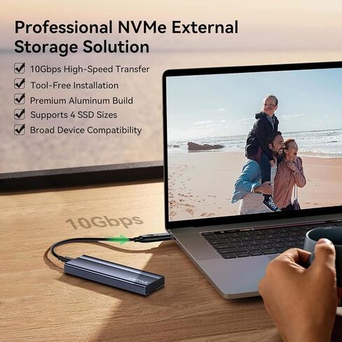 حاوية M.2 NVMe SSD، حافظة SSD خارجية USB 3.2 Gen2 بسرعة 10 جيجابت في الثانية، محول NVMe من الألومنيوم بدون أدوات، يناسب 2230/2242/2260/2280، NVMe فقط (SATA غير مدعوم)، يتضمن كابل USB-C إلى كابل (رمادي) in Kuwait