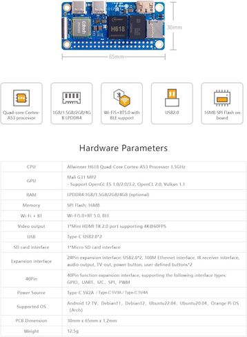 Orange Pi Zero 2W 1.5G Allwinner H618 LPDDR4 وحدة المعالجة المركزية رباعية النواة 64 بت كمبيوتر لوحي واحد، تردد 1.5 جيجا هرتز واي فاي 5.0 بلوتوث 5.0 هوائي على اللوحة يدعم شاشة 4K تشغيل Android Ubuntu in Saudi Arabia