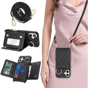 for iPhone 16 Plus Case with Card Holder and Strap for Women,Crossbody Lanyard, Make Up Mirror,Ring Stand,Snap Clasp,Cute Phone Wallet Cases 6.7 inch - Black in Saudi Arabia