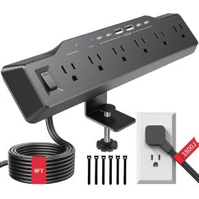 Desk Clamp Power Strip Surge Protector, 6 Outlets, Flat Plug, 1800J, 4 USB-C Ports (Any Port 35W), for Home & Office, Flame-Retardant PC-ABS Housing, Fits 1.96" Desk Edge, Black in Saudi Arabia