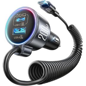 شاحن سيارة 200 واط USB C، PD100W شحن سريع مع 100 واط نوع C شحن سريع كابل ملفوف 5FT، PD3.0/QC4.0/PPS محول هاتف ولاعة السجائر لهاتف iPhone 17/16 ProMax، MacBook Pro/Air، Samsung S26/S25، iPad in Kuwait