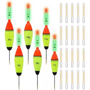Shappy 6 Pcs Lighted Fishing Bobbers Floats 20 Pcs Glow Sticks Glow in The Dark Light up Slip Fishing Bobbers with Glowing Stick 10g/20g/30g Weight for Night Crappie Walleye Catfish in Saudi Arabia