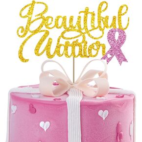 Beautiful Warrior Cake Topper, Breast Cancer Awareness Cake Decor, Breast Cancer Pink Ribbon Sign Cancer Free Party Decoration Supplies - Rose Gold Glitter in Kuwait