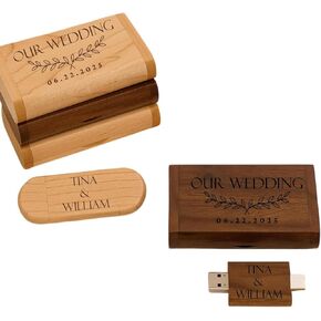 محرك أقراص فلاش USB خشبي مخصص بسعة 64 جيجابايت مع صندوق هدايا 25 حزمة، محرك إبهام الزفاف مع اسم الزوجين، أعواد ذاكرة بيضاوية خشبية مخصصة للمدرسة/الشركة/التصوير الفوتوغرافي in Kuwait
