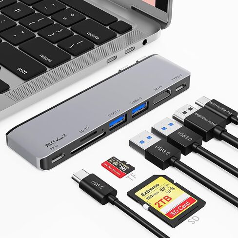 موزع USB C لجهاز MacBook، محول USB متعدد المنافذ 7 في 2 Mac، محول USB C Hub 4K@60 هرتز، 1 نوع C و2 منافذ بيانات USB A، Thunderbolt 4، قارئ بطاقة SD/TF، ​​متوافق مع MacBook Pro/MacBook Air in Saudi Arabia