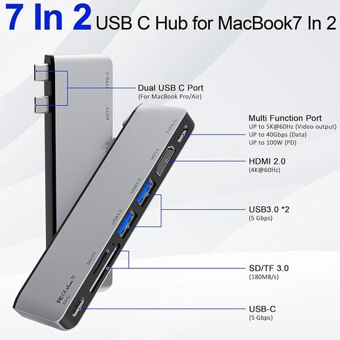 موزع USB C لجهاز MacBook، محول USB متعدد المنافذ 7 في 2 Mac، محول USB C Hub 4K@60 هرتز، 1 نوع C و2 منافذ بيانات USB A، Thunderbolt 4، قارئ بطاقة SD/TF، ​​متوافق مع MacBook Pro/MacBook Air in Saudi Arabia