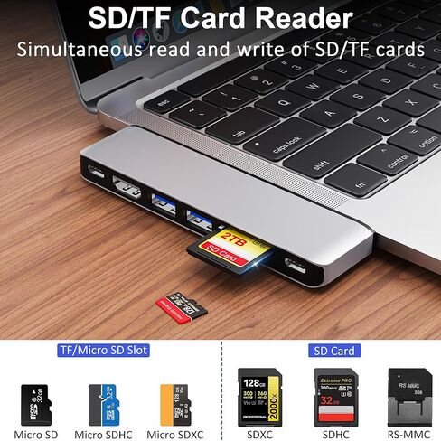 موزع USB C لجهاز MacBook، محول USB متعدد المنافذ 7 في 2 Mac، محول USB C Hub 4K@60 هرتز، 1 نوع C و2 منافذ بيانات USB A، Thunderbolt 4، قارئ بطاقة SD/TF، ​​متوافق مع MacBook Pro/MacBook Air in Saudi Arabia