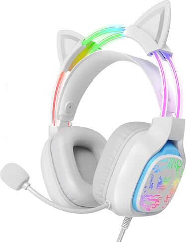 سماعة ألعاب مع ميكروفون، أضواء RGB، أذن قطة قابلة للفصل، سماعات رأس خفيفة الوزن فوق الأذن مع عصابة رأس قابلة للتعديل للكمبيوتر الشخصي، PS4، PS5، Mac، سويتش، صوت محيطي، تحكم في الخط، أبيض in Saudi Arabia