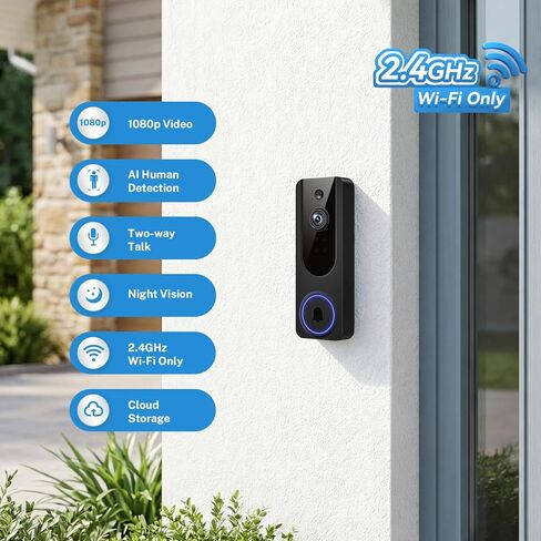Gazing 1080P Wireless Wi-Fi Doorbell Camera for Home Safety, Night Vision, 2-Way Audio, Cloud Storage, AI Human and Motion Detection, Live View, Battery Powered, Indoor Outdoor Surveillance in Saudi Arabia