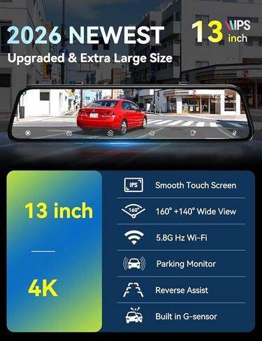 كاميرا مرآة الرؤية الخلفية 2026 فائقة الاتساع مقاس 13 بوصة بدقة 4K مع Carplay&Android Auto، ومرآة رؤية خلفية ذكية WiFi بسرعة 5.8 جيجا هرتز مع التحكم الصوتي/شاشة مقسمة، وبطاقة 64 جيجابايت متضمنة، ومساعدة عكسية/تسجيل حلقي/مستشعر G in Saudi Arabia