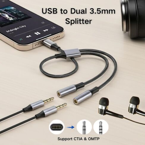 HOSONGIN USB C إلى موزع سماعة رأس أنثى مزدوج 3.5 ملم، محول مقبس صوت من النوع C إلى سماعة الرأس لهواتف iPhone وiPad Pro وGalaxy S24 وPixel والمزيد - 0.9 قدم in Saudi Arabia