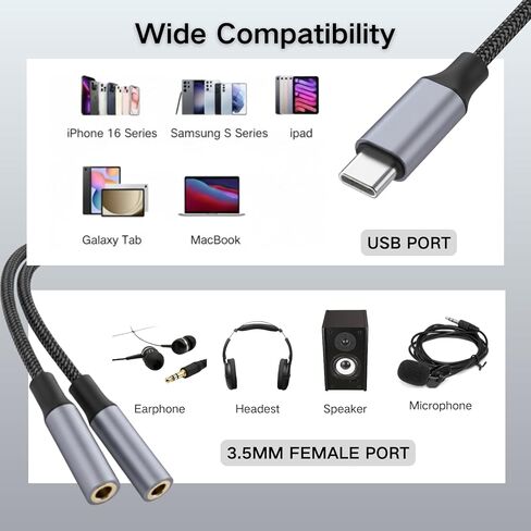 HOSONGIN USB C إلى موزع سماعة رأس أنثى مزدوج 3.5 ملم، محول مقبس صوت من النوع C إلى سماعة الرأس لهواتف iPhone وiPad Pro وGalaxy S24 وPixel والمزيد - 0.9 قدم in Saudi Arabia