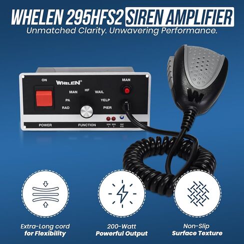 مضخم صفارات الإنذار عن بعد من Whelen 295HFS2 - 200 وات، ميكروفون سلكي صلب، حامل لوحة القيادة أو اللوحة، قدرات تكرار الصوت والمخاطبة العامة - متانة قوية - مضخم صوت صفارات الإنذار لمركبات الطوارئ in Kuwait