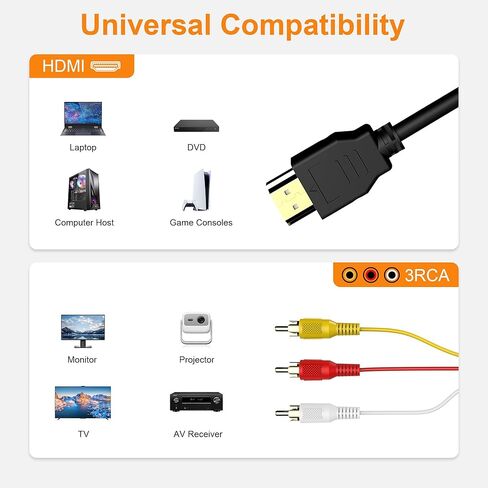 كابل HDMI إلى RCA 1080P 5ft/1.5m، HDMI ذكر إلى 3-RCA محول كابل الصوت والفيديو AV للتلفزيون، HDTV، DVD، الكمبيوتر الشخصي، جهاز العرض (بدون وظيفة تحويل الإشارة) in Kuwait