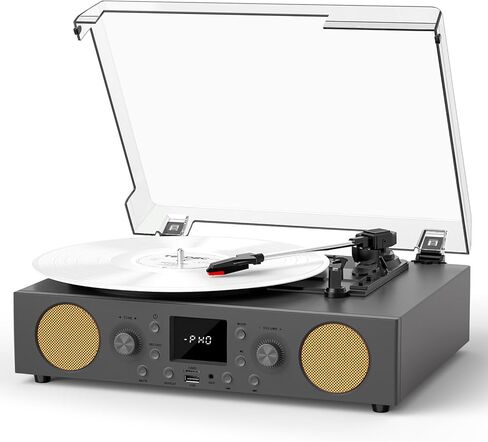 3-Speed Belt-Driven Record Player with Built-in Speakers, Bluetooth Turntable with FM Radio, USB Recording, RCA Line Out, AUX in & Auto Stop – Grey in Saudi Arabia
